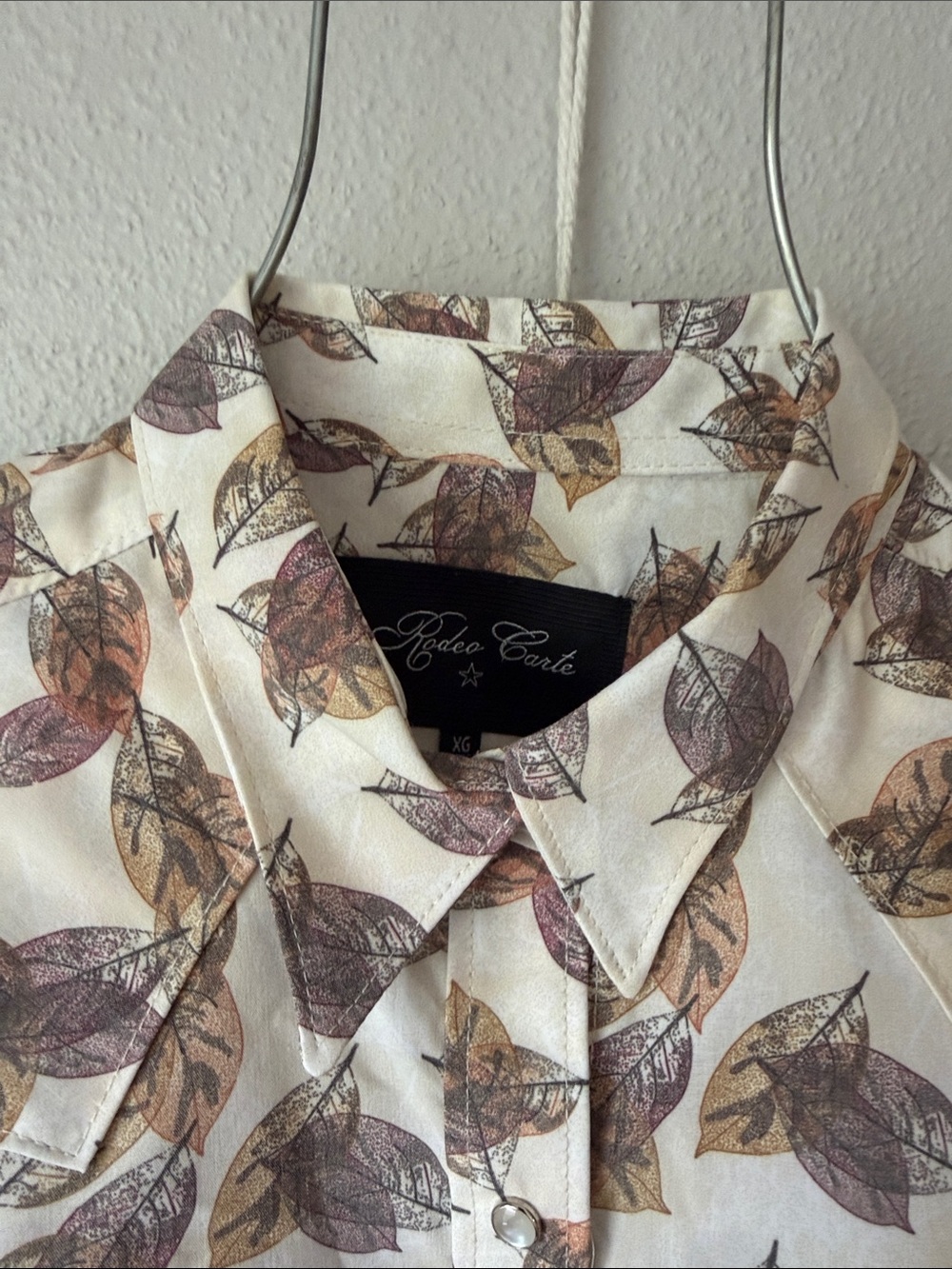 Rodeo Western Leaf Print Button-Down Shirt - Cream/Brown - Picture 3 of 4